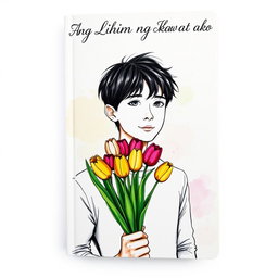 A book cover featuring a hand-drawn sketch style illustration of a young man holding a bouquet of colorful tulips