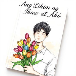 A book cover featuring a hand-drawn sketch style illustration of a young man holding a bouquet of colorful tulips