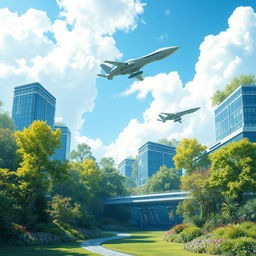 A serene and futuristic landscape featuring a harmonious blend of high-tech architecture and lush nature