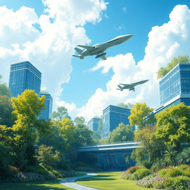 A serene and futuristic landscape featuring a harmonious blend of high-tech architecture and lush nature