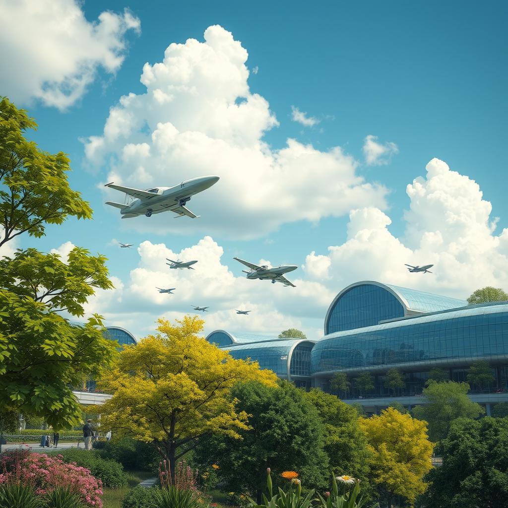 A serene and futuristic landscape featuring a harmonious blend of high-tech architecture and lush nature