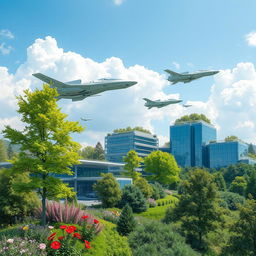 A serene and futuristic landscape featuring a harmonious blend of high-tech architecture and lush nature