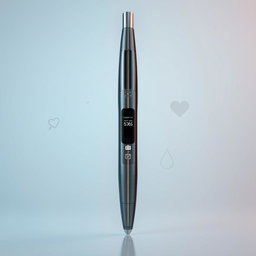 A sleek, futuristic pen that beautifully combines a bioscan glucose monitoring device and a smart insulin pen