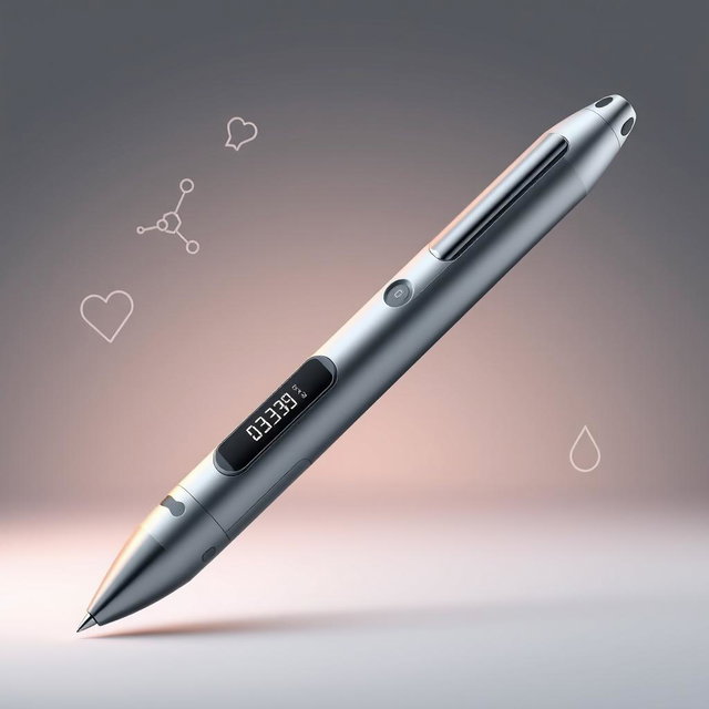 A sleek, futuristic pen that beautifully combines a bioscan glucose monitoring device and a smart insulin pen