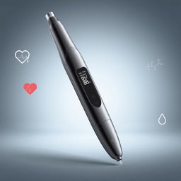 A sleek, futuristic pen that beautifully combines a bioscan glucose monitoring device and a smart insulin pen