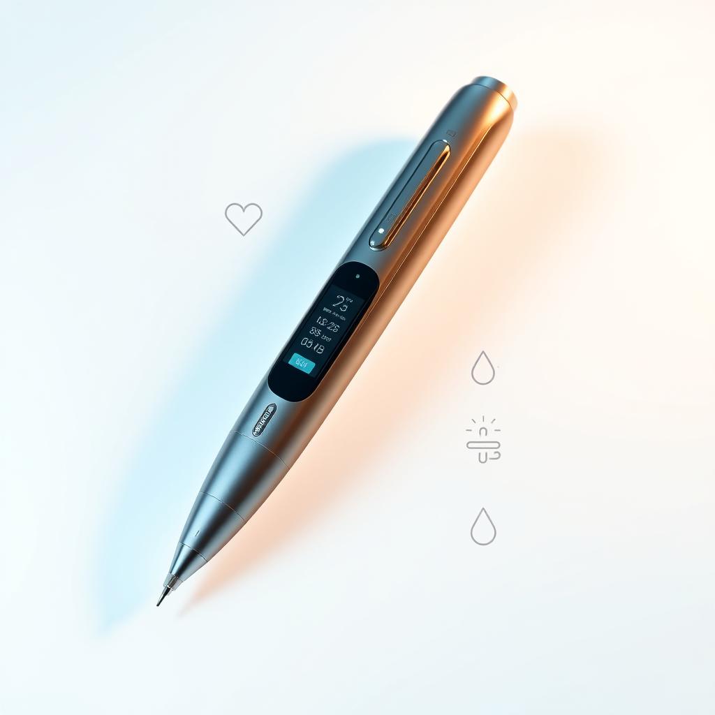A sleek, futuristic pen that beautifully combines a bioscan glucose monitoring device and a smart insulin pen