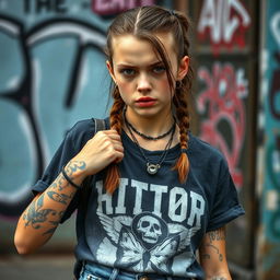 A 19-year-old girl with cute facial features but a strict expression, showcasing several tattoos on her arms and a few piercings on her ears and nose