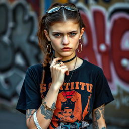 A 19-year-old girl with cute facial features but a strict expression, showcasing several tattoos on her arms and a few piercings on her ears and nose