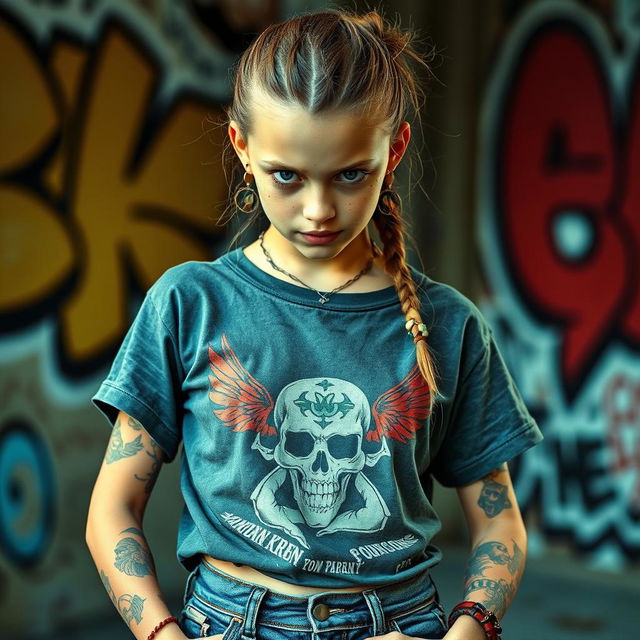 A 19-year-old girl with cute facial features but a strict expression, showcasing several tattoos on her arms and a few piercings on her ears and nose