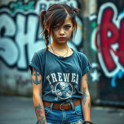 A 19-year-old girl with cute facial features but a strict expression, showcasing several tattoos on her arms and a few piercings on her ears and nose