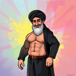 A humorous and imaginative portrayal of Ayatollah Khomeini with a six-pack abdominal physique, standing confidently in a traditional black chador and turban, juxtaposed against a vibrant, colorful background that symbolizes strength and resilience