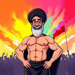 A humorous and imaginative portrayal of Ayatollah Khomeini with a six-pack abdominal physique, standing confidently in a traditional black chador and turban, juxtaposed against a vibrant, colorful background that symbolizes strength and resilience