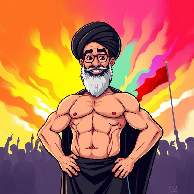 A humorous and imaginative portrayal of Ayatollah Khomeini with a six-pack abdominal physique, standing confidently in a traditional black chador and turban, juxtaposed against a vibrant, colorful background that symbolizes strength and resilience