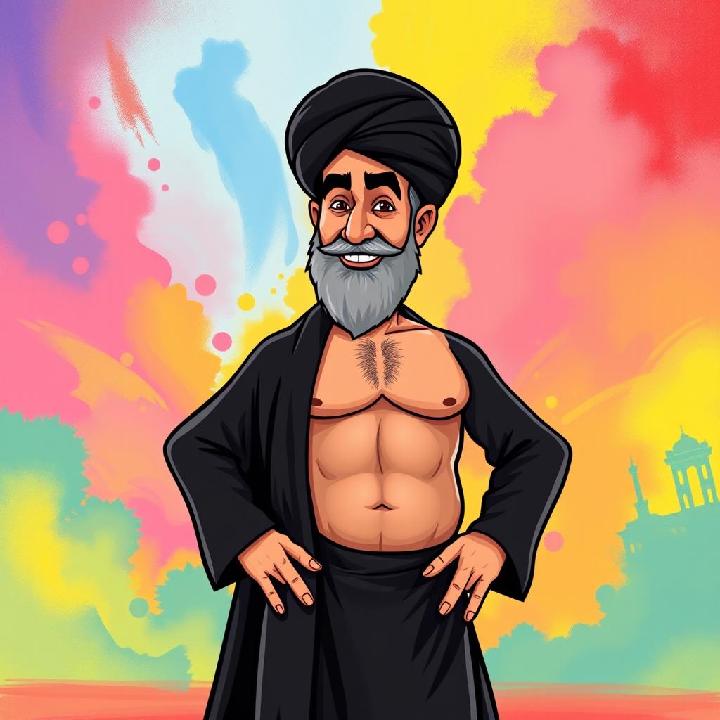 A humorous and imaginative portrayal of Ayatollah Khomeini with a six-pack abdominal physique, standing confidently in a traditional black chador and turban, juxtaposed against a vibrant, colorful background that symbolizes strength and resilience