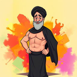 A humorous and imaginative portrayal of Ayatollah Khomeini with a six-pack abdominal physique, standing confidently in a traditional black chador and turban, juxtaposed against a vibrant, colorful background that symbolizes strength and resilience