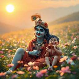 A serene and ethereal scene depicting Lord Krishna waking in a lush, vibrant landscape filled with blooming flowers and gentle greenery