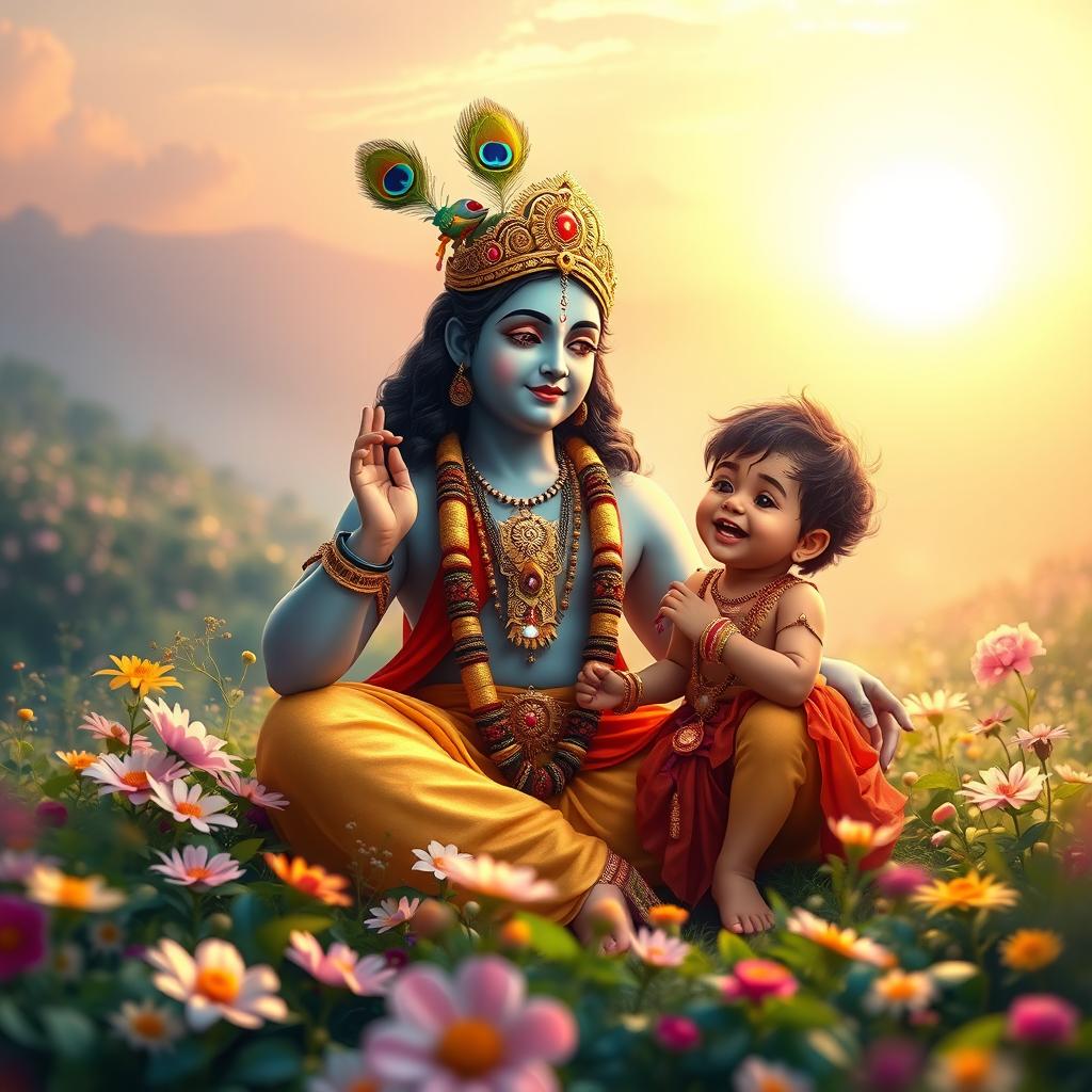 A serene and ethereal scene depicting Lord Krishna waking in a lush, vibrant landscape filled with blooming flowers and gentle greenery
