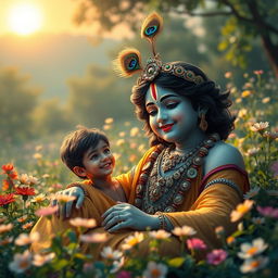 A serene and ethereal scene depicting Lord Krishna waking in a lush, vibrant landscape filled with blooming flowers and gentle greenery
