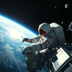 An astronaut floating in the vastness of space, diligently working on a satellite