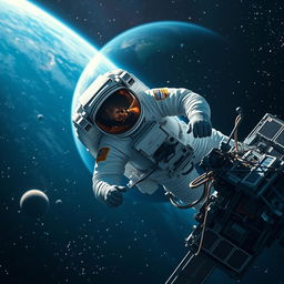 An astronaut floating in the vastness of space, diligently working on a satellite