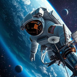 An astronaut floating in the vastness of space, diligently working on a satellite