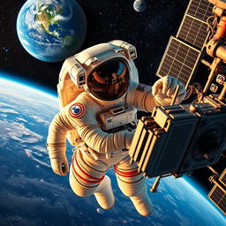 An astronaut floating in the vastness of space, diligently working on a satellite