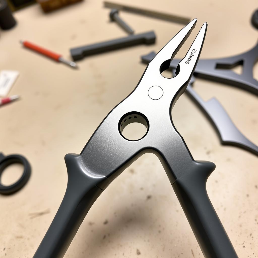 A pair of cylindrical pliers featuring a unique design with a prominent hole in the middle of the gripping section