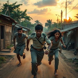 In a small, impoverished village, two characters resembling Sree Vishnu and Ashika Ranganath are depicted as naxalites, energetically chasing after a police officer through dirt streets lined with rustic, ramshackle houses