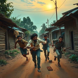 In a small, impoverished village, two characters resembling Sree Vishnu and Ashika Ranganath are depicted as naxalites, energetically chasing after a police officer through dirt streets lined with rustic, ramshackle houses