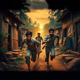 In a small, impoverished village, two characters resembling Sree Vishnu and Ashika Ranganath are depicted as naxalites, energetically chasing after a police officer through dirt streets lined with rustic, ramshackle houses