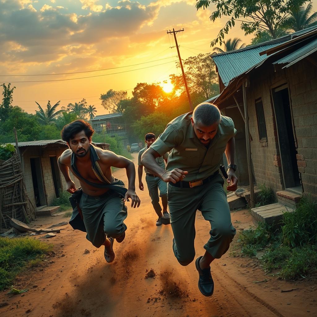 In a small, impoverished village, two characters resembling Sree Vishnu and Ashika Ranganath are depicted as naxalites, energetically chasing after a police officer through dirt streets lined with rustic, ramshackle houses
