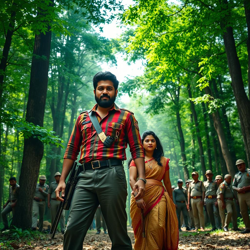 Sree Vishnu portrayed as a charismatic naxalite, standing confidently in the middle of a dense forest with vibrant green foliage