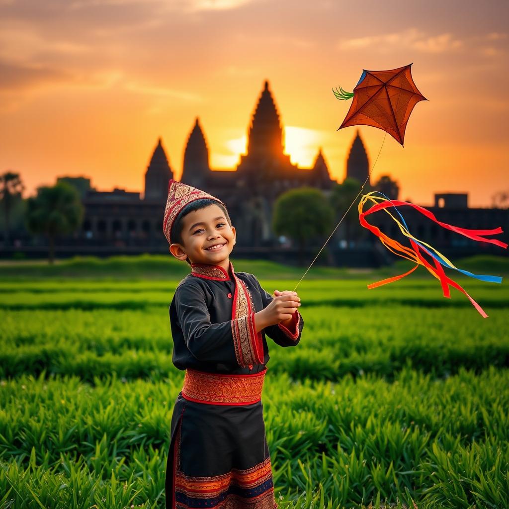 A young Khmer boy dressed in traditional Angkorian costume, joyfully flying a colorful kite at Angkor Wat, surrounded by lush green fields and the majestic temple in the background