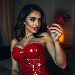 A daring, confident woman with captivating features wearing a striking red glossy latex corset that accentuates her curves