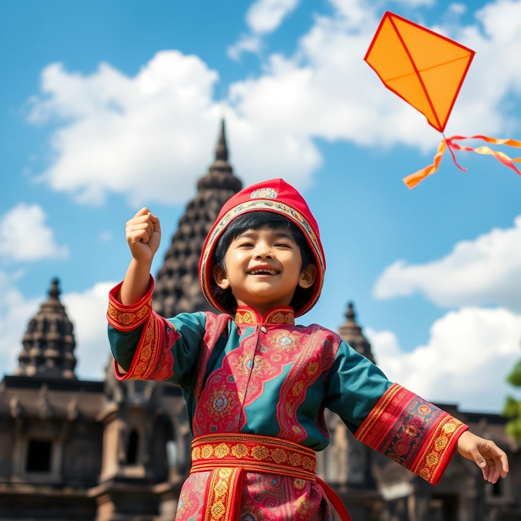 A young Khmer boy wearing a traditional Khmer costume, colorful and intricately designed, joyfully flying a kite in front of the majestic Angkor Wat temple