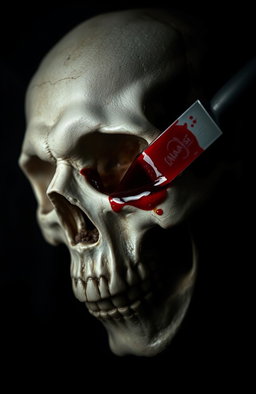 A dramatic close-up of a skull with a haunting expression, featuring a blood-covered knife piercing through one eye socket