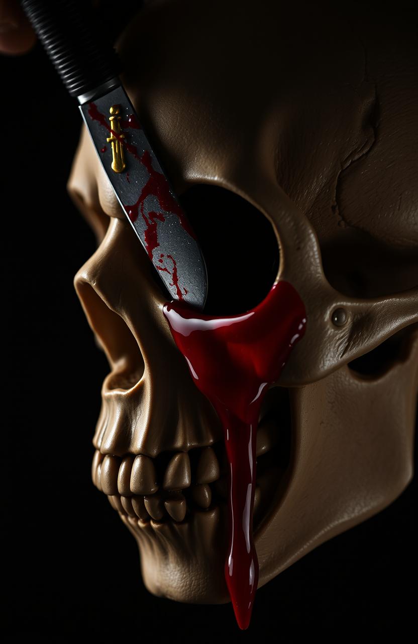 A dramatic close-up of a skull with a haunting expression, featuring a blood-covered knife piercing through one eye socket