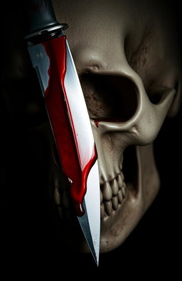 A dramatic close-up of a skull with a haunting expression, featuring a blood-covered knife piercing through one eye socket