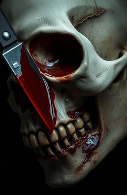 A dramatic close-up of a skull with a haunting expression, featuring a blood-covered knife piercing through one eye socket