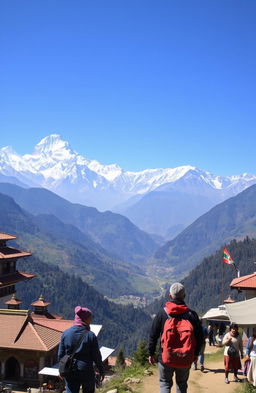 A breathtaking landscape of Nepal showcasing the majestic Himalayan mountains, with snow-capped peaks towering over lush green valleys