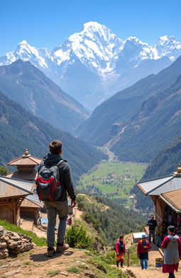 A breathtaking landscape of Nepal showcasing the majestic Himalayan mountains, with snow-capped peaks towering over lush green valleys