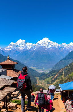 A breathtaking landscape of Nepal showcasing the majestic Himalayan mountains, with snow-capped peaks towering over lush green valleys
