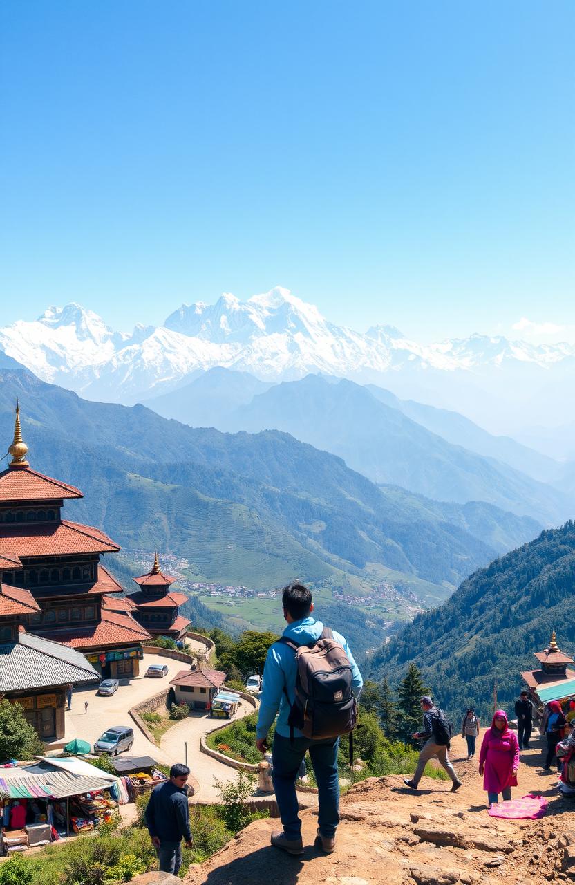 A breathtaking landscape of Nepal showcasing the majestic Himalayan mountains, with snow-capped peaks towering over lush green valleys