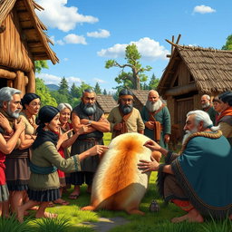 A vibrant scene depicting a village gathering where the villagers are reacting to a bear pelt