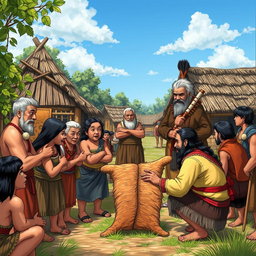 A vibrant scene depicting a village gathering where the villagers are reacting to a bear pelt