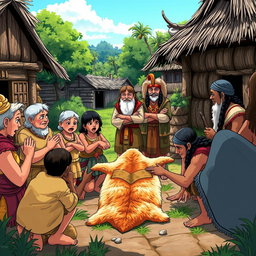 A vibrant scene depicting a village gathering where the villagers are reacting to a bear pelt