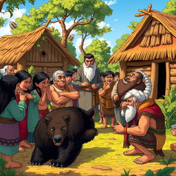 A vibrant scene depicting a village gathering where the villagers are reacting to a bear pelt