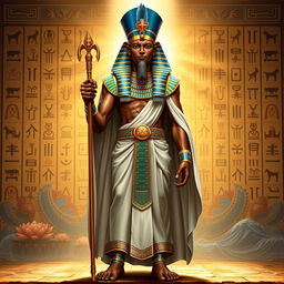 An imposing depiction of Ptah, the ancient Egyptian god of creation, portrayed in a powerful and divine manner