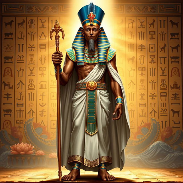 An imposing depiction of Ptah, the ancient Egyptian god of creation, portrayed in a powerful and divine manner