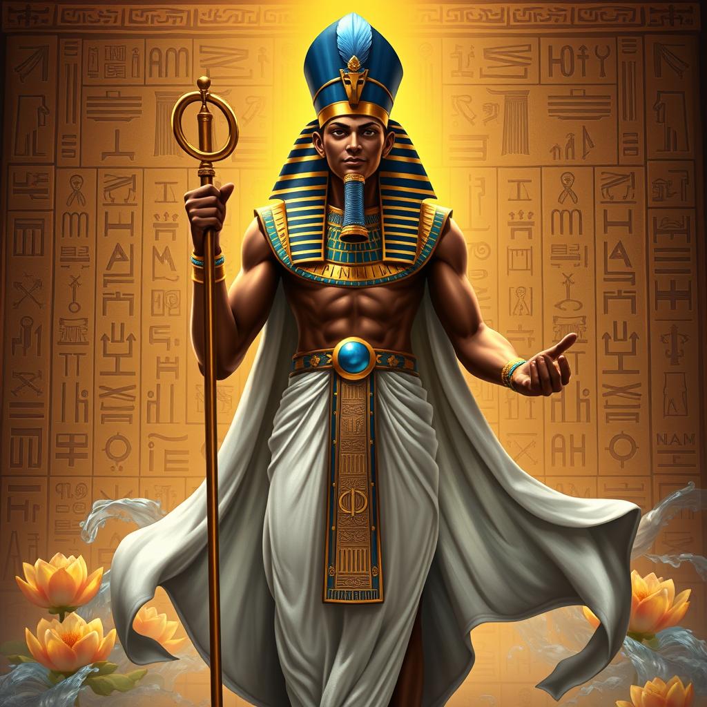 An imposing depiction of Ptah, the ancient Egyptian god of creation, portrayed in a powerful and divine manner